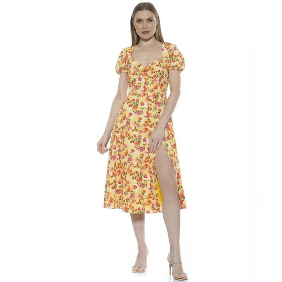 Alexia Admor Gracie Sweetheart Fit & Flare Midi Dress in Yellow Floral Size 6 - Picture 16 of 16